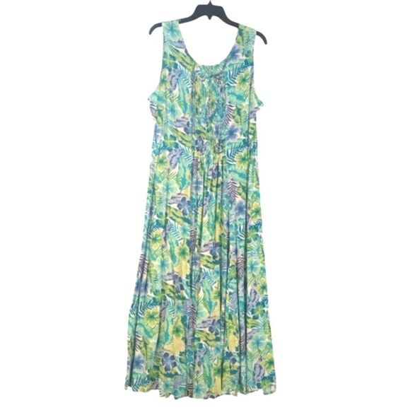 Vintage Green Blue Floral Print Faux Button Down Front Pull Over Maxi Dr… - Picture 1 of 6